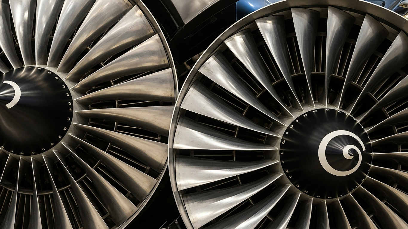 Close-up of two airplane jet engines with metallic silver fan blades 